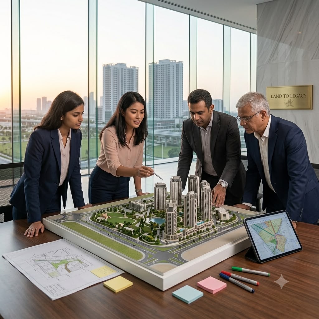 Real estate professionals reviewing a development model