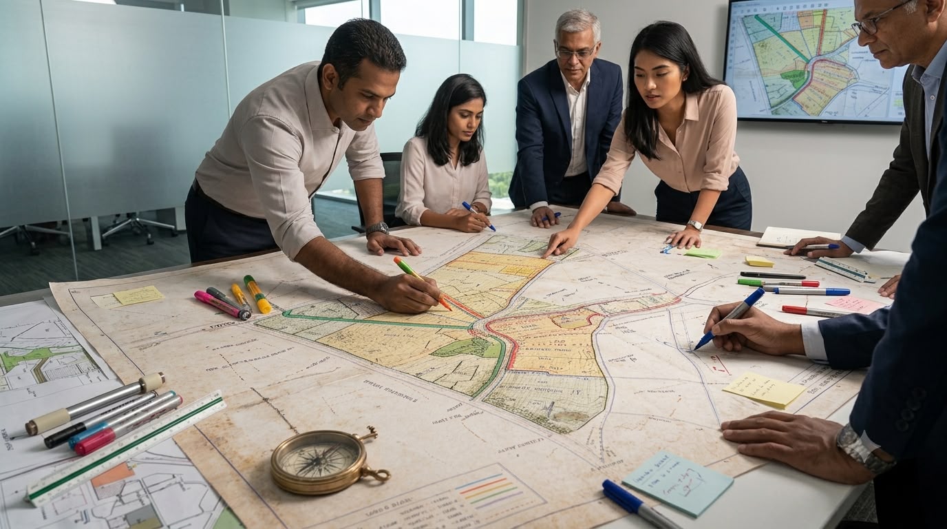 Real estate professionals analysing land planning maps