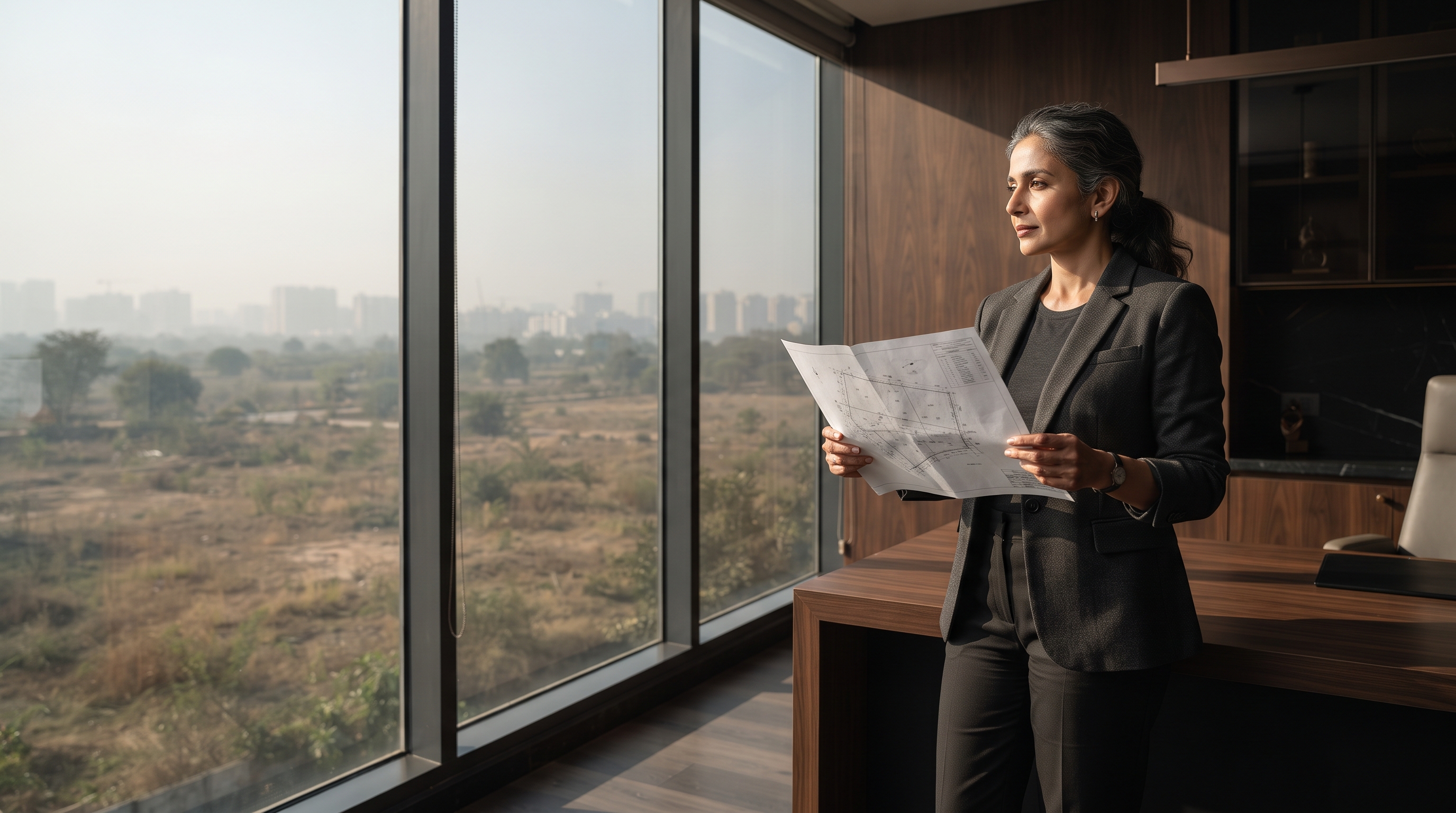 Landowner reviewing architectural and development plans at a desk