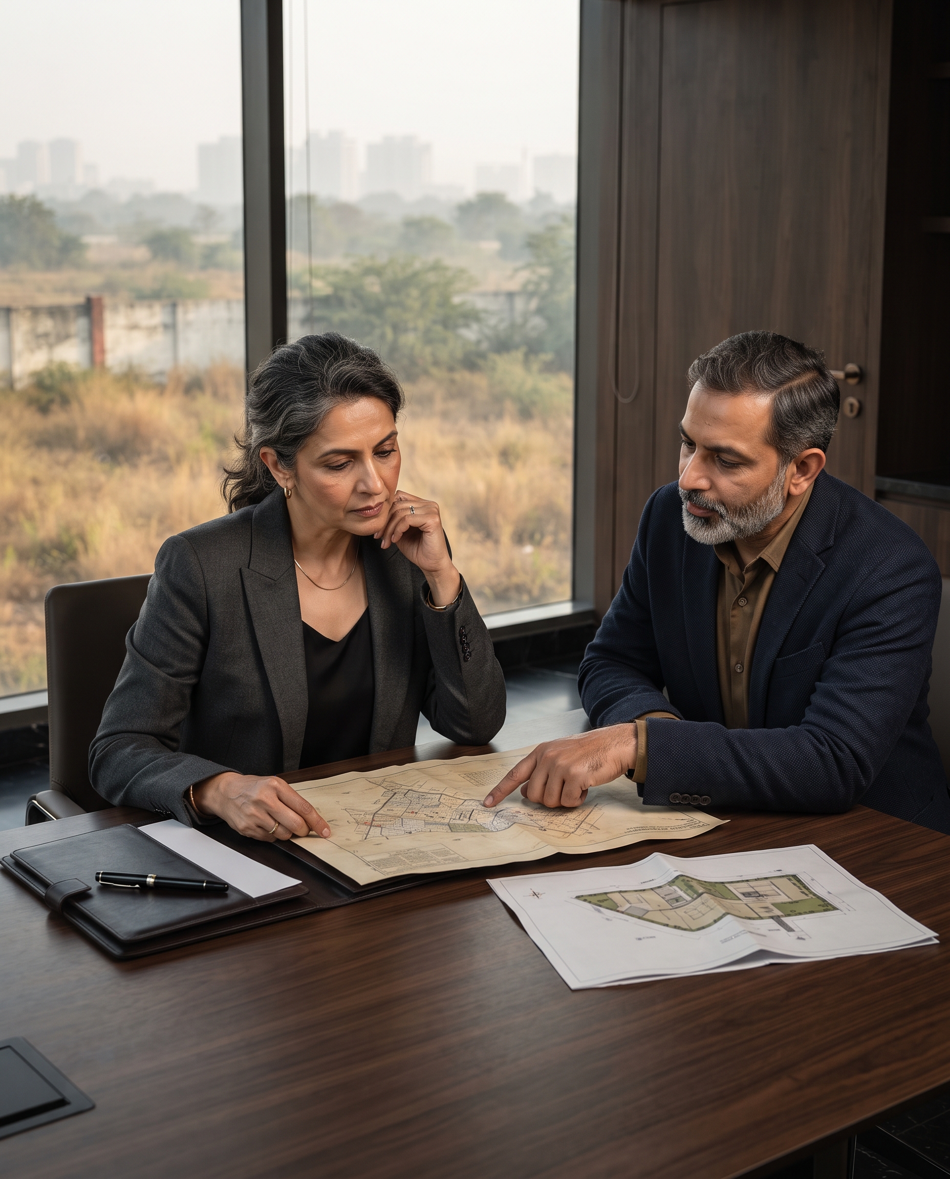 Real estate professional studying development documents and plans in an office