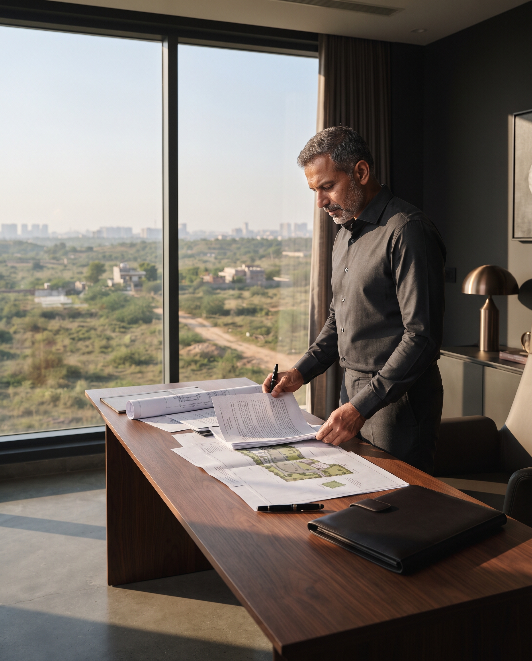 Two real estate professionals reviewing land development plans together