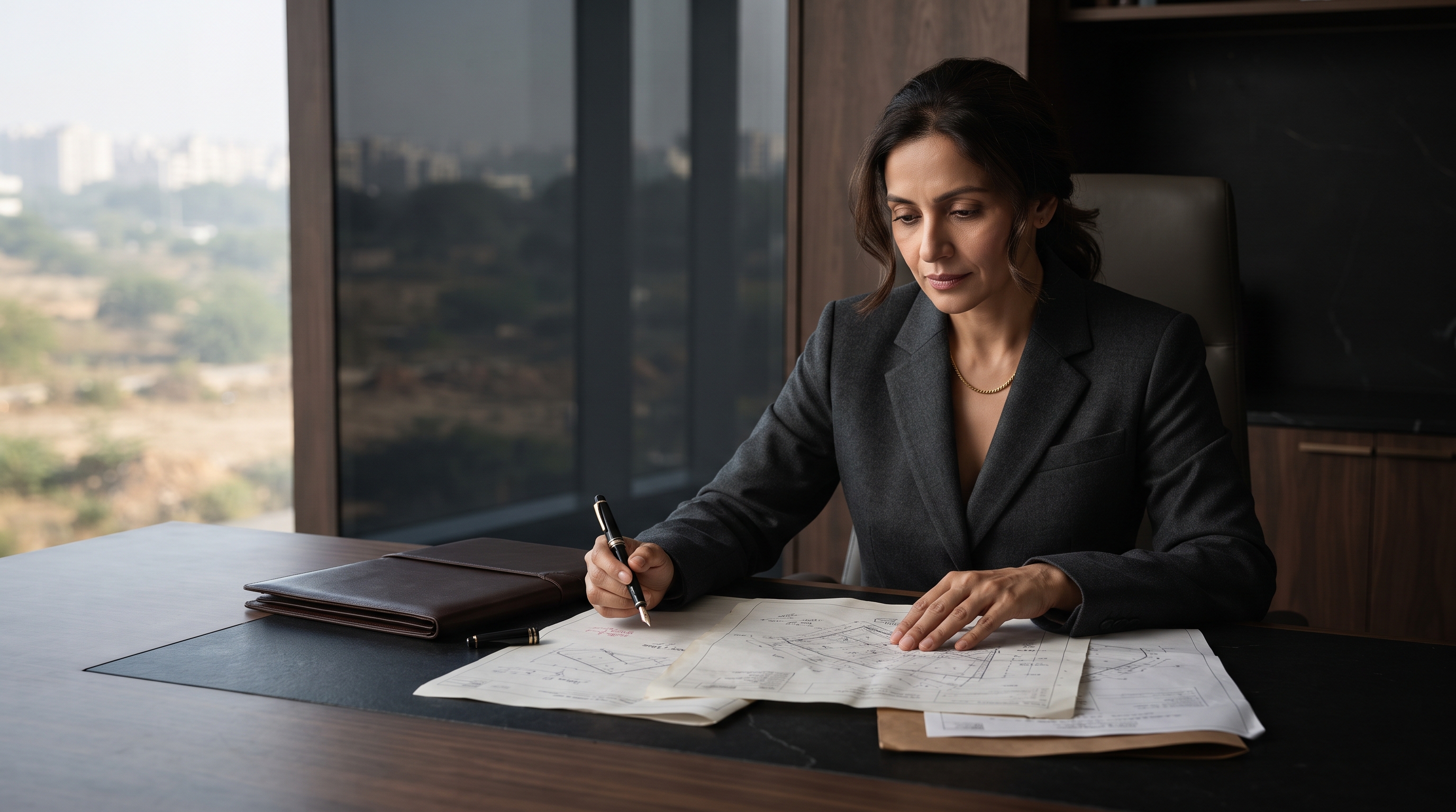 Real estate professional holding a land development plan in a modern office